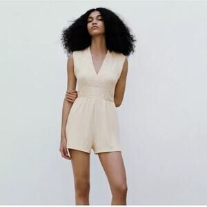 Zara Textured Lace Trim Romper Double V Neck Keyhole Sleeveless ivory cream